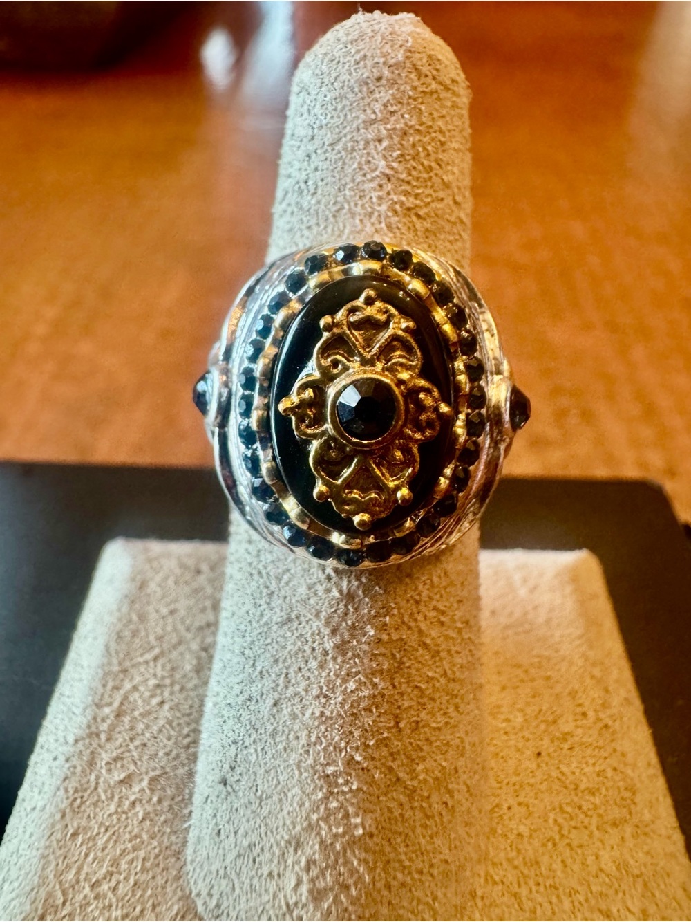 Gold and Black Ornate Cocktail Ring - Women Jewelry